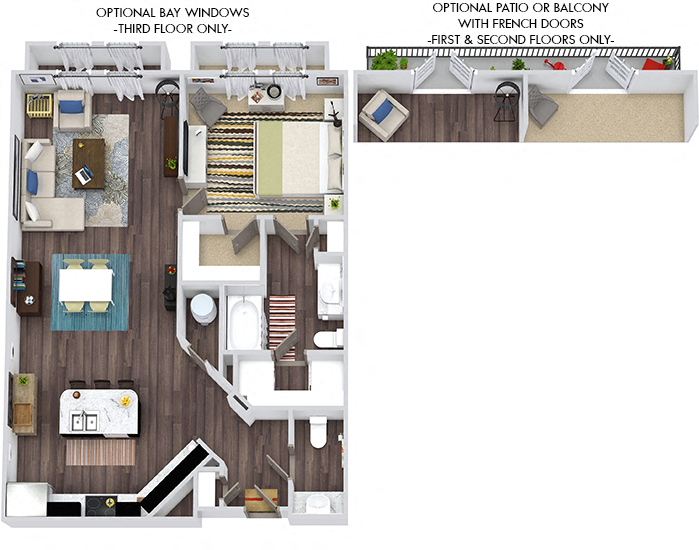 Floor plan for 1 bed, 1.5 baths, 908 sqft